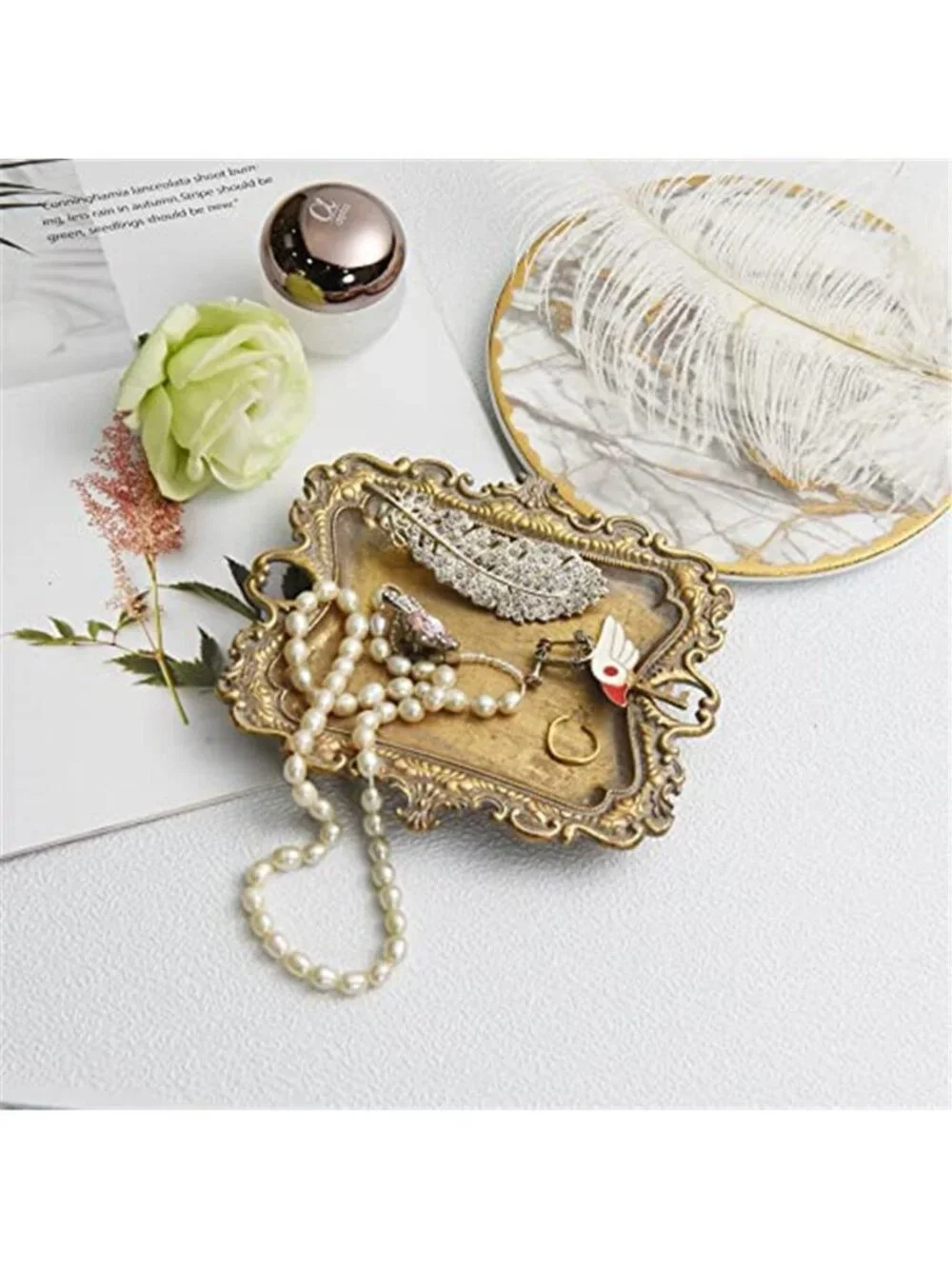 Small Antique Trinket Dish Vintage Gold Metal Jewelry Tray, Ring Holder